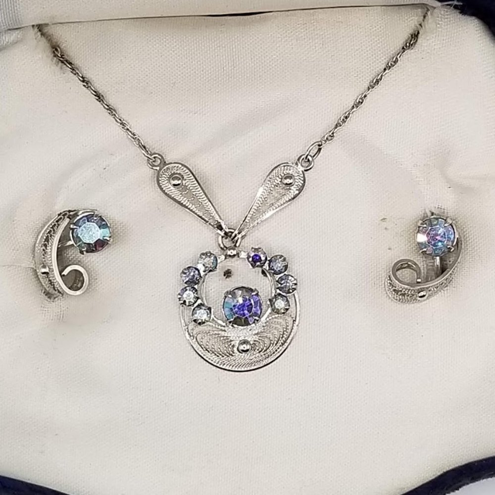 Dixelle Vintage Sterling Necklace & Screw-on Earring Set AB Rhinestone - Picture 4 of 13